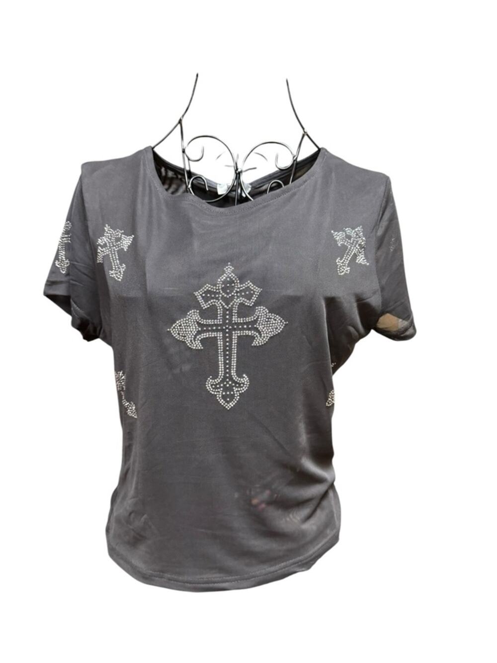 Y2K Rhinestone Cross Embellished Gray Women's Sheer Crop Tee Large